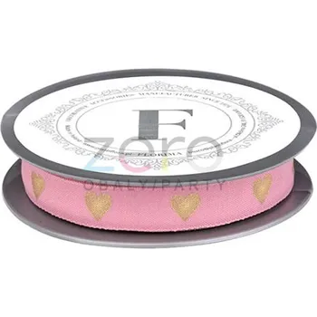 Stuha Stuha tkaná 1,5 cm x 10 y - růžová se zlatými srdíčky