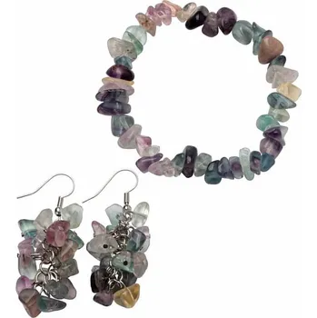 Náramek Sada náramku a náušnic z fluoritu multicolor obvod cca 16 až 23 cm