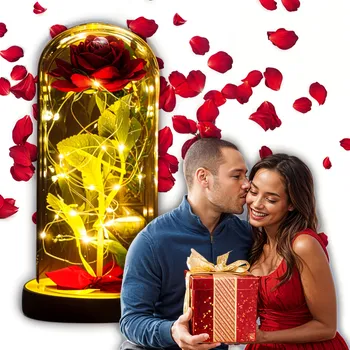 umělá květina UMĚLÁ STABILIZOVANÁ RŮŽE VE SKLE S LED SVĚTÝLKY