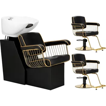 Kadeřnické křeslo Lorenzo Sada Kadeřnický mycí box a 2x Kadeřnická hydraulická otočná křesla s podnožkou do kadeřnického salonu mycí box pohyblivá keramická mísa armatura baterie sprchová hlavice Z-FJ-83067-BLACK-GOLD-ZESTAW