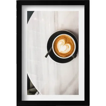 Obraz Dekorativní nástěnný obraz v černém rámu Šálek kávy se srdíčkem 20 x 30 cm
