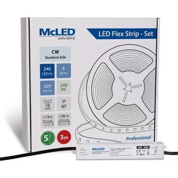 ukončovací lišta McLED LED pásek - sada 3 m, 240 LED/m, CW, 6 W/m, DC 24V, 520 lm/m, CRI90, IP67, 10 mm, vodič 3 m ML-126.032.90.S03001