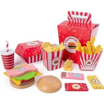Dřevěná hračka DŘEVĚNÝ HAMBURGER FASTFOOD HAPPYMEAL VELKÁ SADA - hra na vaření