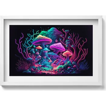 Obraz Nástěnný dekorativní obraz v bílém rámu s grafikou Neonové houby 60x40 cm