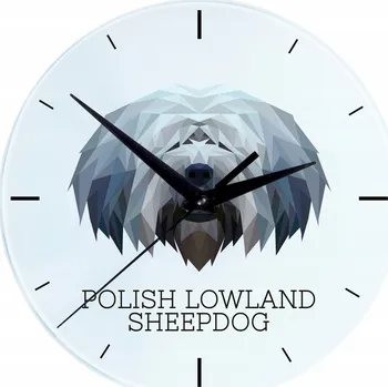 Hodiny Polský nížinný ovčák – skleněné závěsné nástěnné hodiny s geometrickým psem