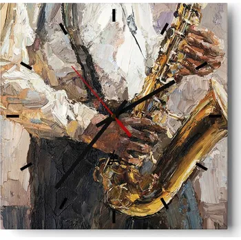 Hodiny Velké nástěnné hodiny na zeď 40x40 Saxofon Skleněné hodiny Čtvercové Tiché