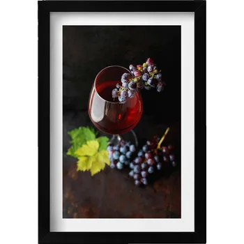 Obraz Dekorativní nástěnný obraz v černém rámu Sklenička vína a hroznové víno 20x30 cm