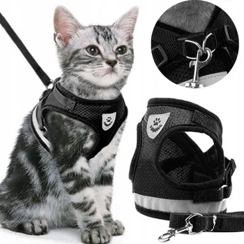 Vodítko pro psa Beztlakové nastavitelné postroje s reflexními prvky pro kočky + vodítko, velikost S