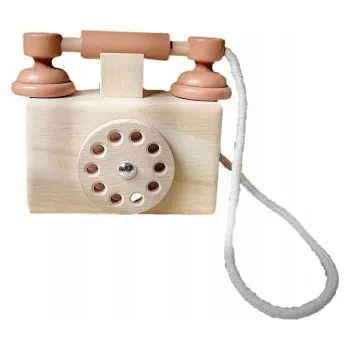 Dřevěná hračka Dřevěný Klasický Telefon pro Děti Vintage Montessori – Růžové Sluchátko