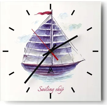 Hodiny Velké nástěnné hodiny na zeď 40x40 Plachetnice Skleněné hodiny Čtvercové Tiché