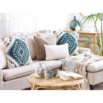 Povlečení Sada 2 dekorativních polštářů modré a béžové bavlněné 50 x 50 cm geometrický vzor snímatelný potah s výplní Beliani