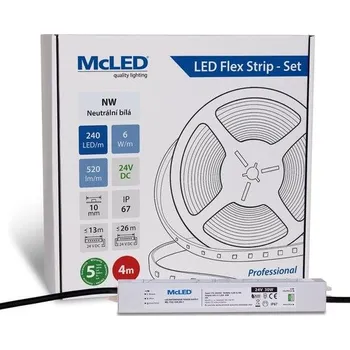 ukončovací lišta McLED LED pásek - sada 4 m, 240 LED/m, NW, 6 W/m, DC 24V, 520 lm/m, CRI90, IP67, 10 mm, vodič 3 m ML-126.033.90.S04001
