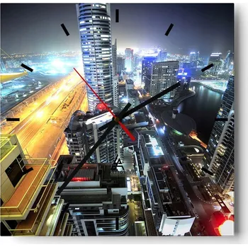 Hodiny Velké nástěnné hodiny na zeď 40x40 Město Skleněné hodiny Čtvercové Tiché