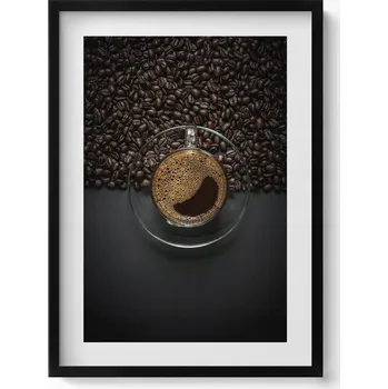 Obraz Nástěnný dekorativní obraz v černém rámu s grafikou Káva a zrnka 50x70 cm