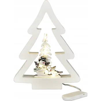 Obraz Dřevěný stromeček se sněhulákem a LED osvětlením 19x14 cm