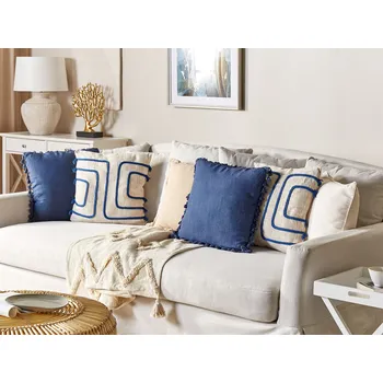 Polštář Sada 2 dekorativních polštářů Béžové a Námořnická modrá 45 x 45 cm Abstraktní vzor čtvercový bytový doplněk Beliani