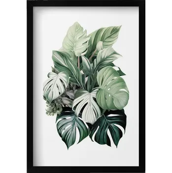 Obraz Dekorativní obraz v černém rámu do obýváku Malované listy monstery 40x60 cm