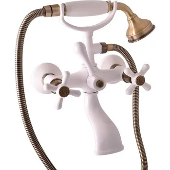 Vodovodní baterie Vanová baterie RAV SLEZÁK Morava Retro se sprchovým setem 150 mm bílá/stará mosaz MK159.5/2BSM