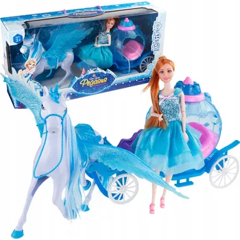 Kočárek pro panenku KOČÁR PRO PANENKU S KONĚM JEDNOROŽCEM A PANENKOU - LEDOVÉ KRÁLOVSTVÍ