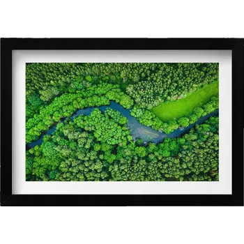 Obraz Dekorativní obraz v černém rámu do obýváku: Les a řeka z ptačí perspektivy, 30x20 cm