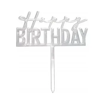 Dortová svíčka Topper z plexiskla na dort Happy Birthday stříbrný