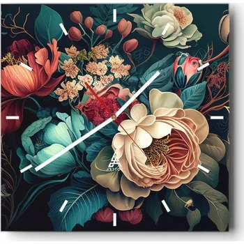 Hodiny Velké nástěnné hodiny na zeď 40x40 Květiny Skleněné hodiny Čtvercové Tiché