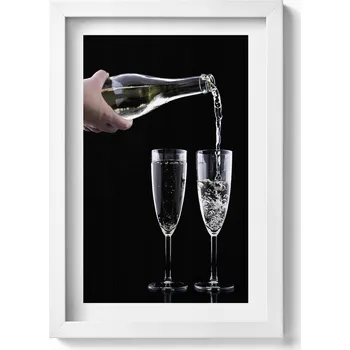 Obraz Elegantní obraz do obývacího pokoje v bílém rámu Dvě skleničky a šampaňské 20x30 cm