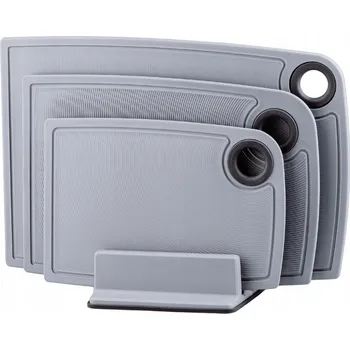 Kuchyňské prkénko SADA 3 ŠEDÝCH PRKÉNEK NA KRÁJENÍ SE STOJANEM PRACTIC PROTISKLUZOVÉ