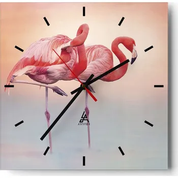 Hodiny Velké nástěnné hodiny 40x40 cm Plameňáci Skleněné hodiny Čtvercové Tiché