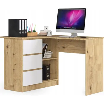 Psací stůl Rohový psací stůl Akord 124 cm dub artisan-bílý, 3 zásuvky, 2 police