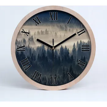 Hodiny Dřevěné nástěnné hodiny mlha nad lesem průměr 25 cm