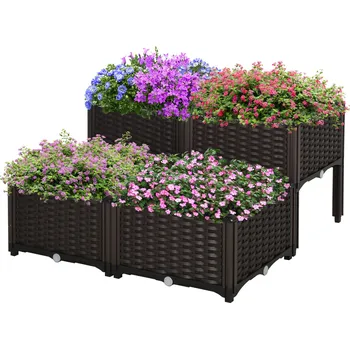 Vyvýšený záhon Outsunny vyvýšený ratanový truhlík 40x40x44cm s drenážními otvory z PP, hnědý pro zahradní balkon | Aosom.de