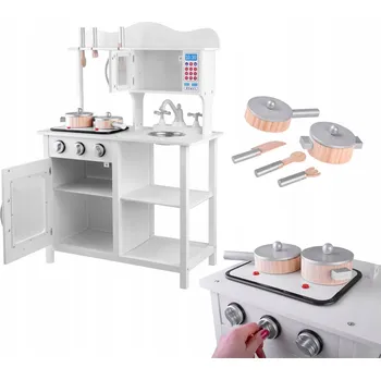 Dětská kuchyňka DĚTSKÁ DŘEVĚNÁ KUCHYŇKA BÍLÁ HRNCE DOMEČEK