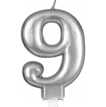 Dortová svíčka METALICKÁ SVÍČKA STŘÍBRNÁ 8 CM ČÍSLICE 9 K NAROZENINÁM
