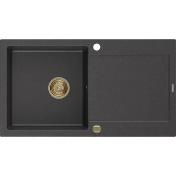 Kuchyňský dřez MEXEN/S - Leo granitový dřez 1 s odkapávačem 900x500 mm, černá kropenatá,+ zlatý sifon 6501901010-76-G