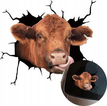 Samolepicí dekorace na vozidlo SAMOLEPKA Grafika na auto rozbité okno Vypadající Kráva 15x16,5 cm