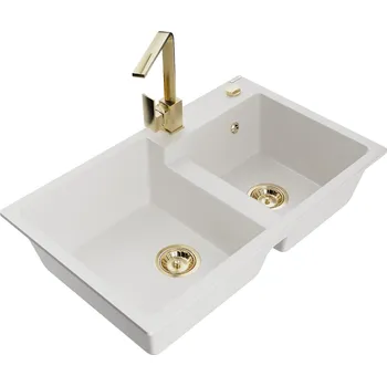 Granitový dřez MEXEN/S - Tomas granitový dřez 2-bowl včetně baterie Rita, bílá 6516-20-670300-50
