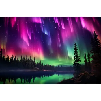 Plakát Plakát Polární záře nad lesem bez rámu 91,5 x 61 cm
