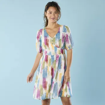 Dámská móda Krátké voálové šaty s potiskem, pro menší postavu režná/fialová 46