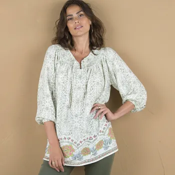 Dámské tričko Tunika se širokými 3/4 rukávy a potiskem režná/modrá/korálová 42