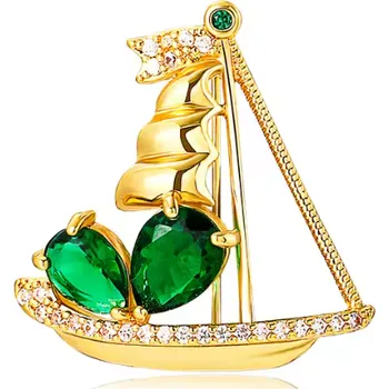 Brož B-TOP Pozlacená brož Loď se zelenými krystaly
