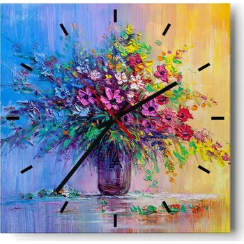 Hodiny Velké nástěnné hodiny 40x40 Květiny Váza Skleněné tiché hodiny