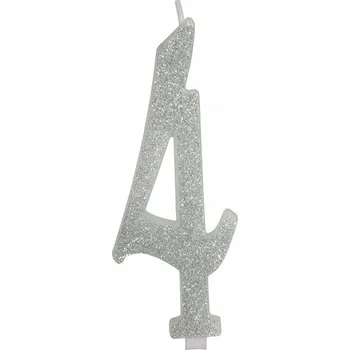 Dortová svíčka Narozeninová svíčka ČÍSLICE 4 STŘÍBRNÁ se STŘÍBRNÝMI třpytkami 12 CM k narozeninám