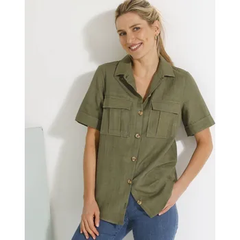 Košile s krátkými rukávy, směs bavlny a lnu khaki 50