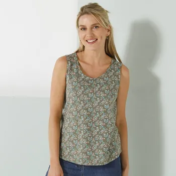 Dámské tričko Top se širokými ramínky a potiskem rostlin khaki/tyrkysová 38/40