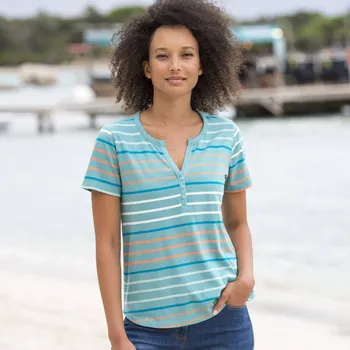 Dámská móda Proužkované tričko s krátkými rukávy a výstřihem na knoflíčky tyrkysová/korálová 38/40