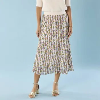 Dámská móda Dlouhá rozšířená sukně s potiskem, pro menší postavu režná/khaki 50