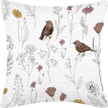 Povlečení DARRÉ Krepový povlak na polštář Ptáčci v kvítí - bílý Velikost: 70 x 90