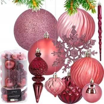 Vánoční dekorace VÁNOČNÍ BAŇKY růžové nerozbitné sada baněk 57 ks ozdoby na vánoční stromeček
