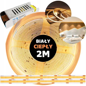 LED osvětlení Taśma LED COB s napájecím zdrojem, teplá bílá, 12V, 2M